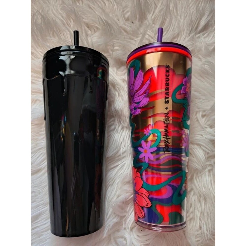 2 starbucks cups barely used colorful japanese floral rex Hamilton black drip
